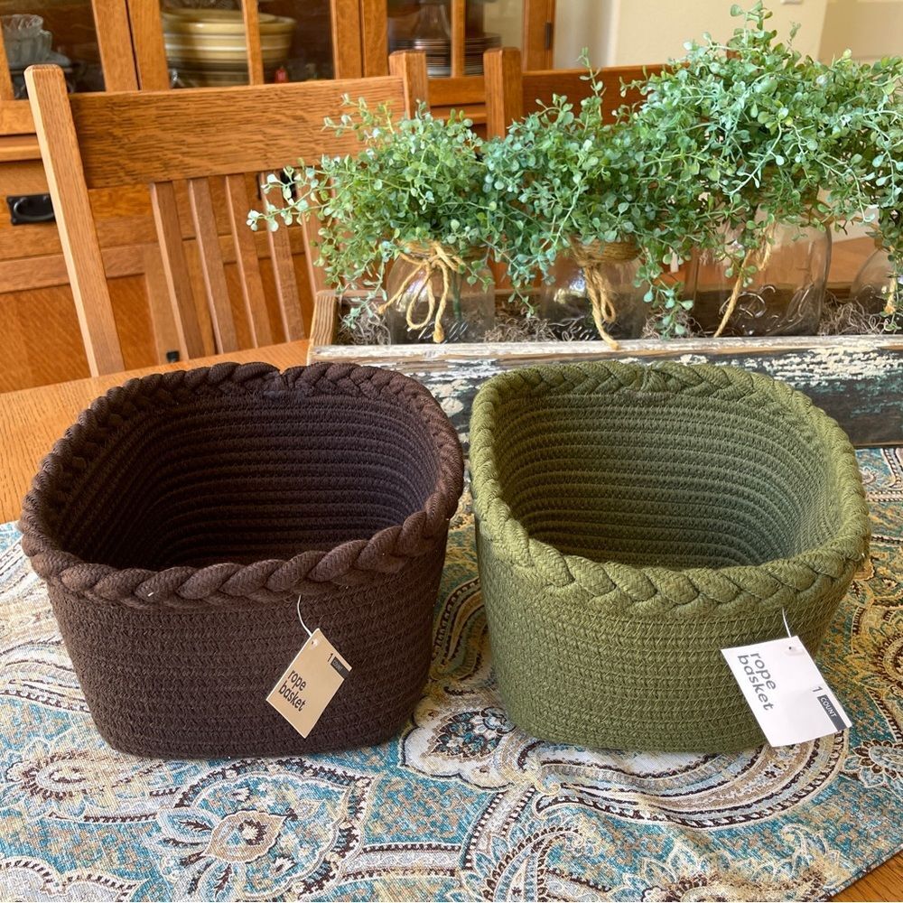 Woven Braided Storage Baskets Set Of 2 Brown Olive Green